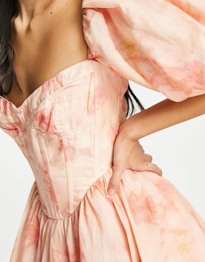 Bardot puff sleeve corset mini dress in apricot floral