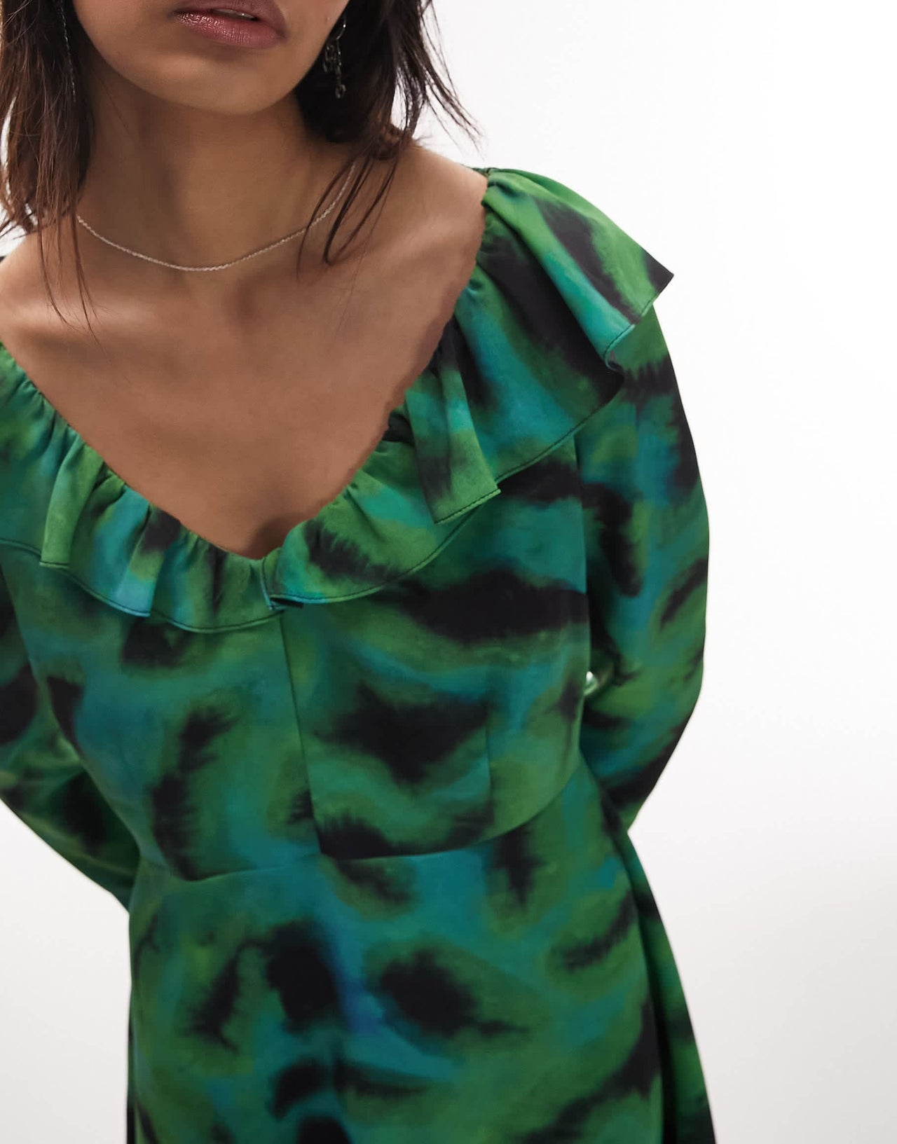 Topshop animal ruffle neck tea dress in green