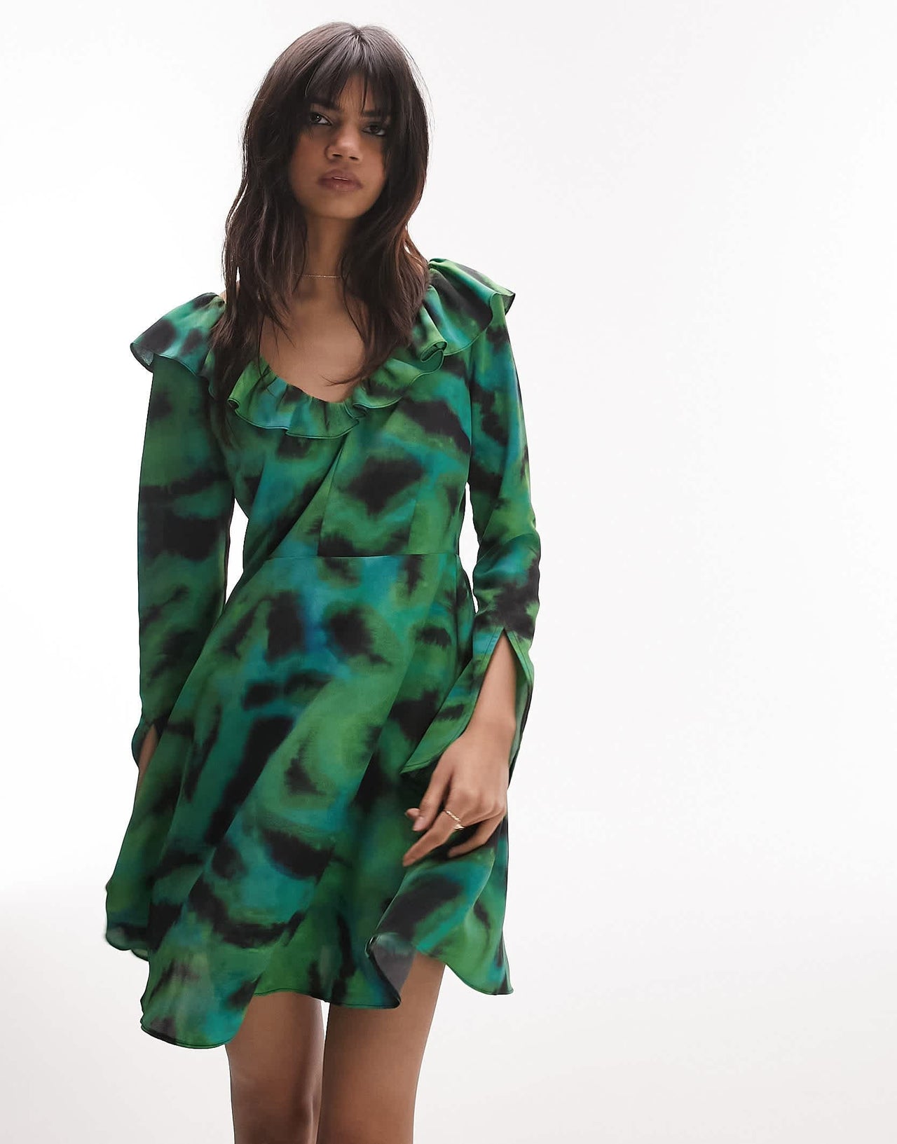 Topshop animal ruffle neck tea dress in green