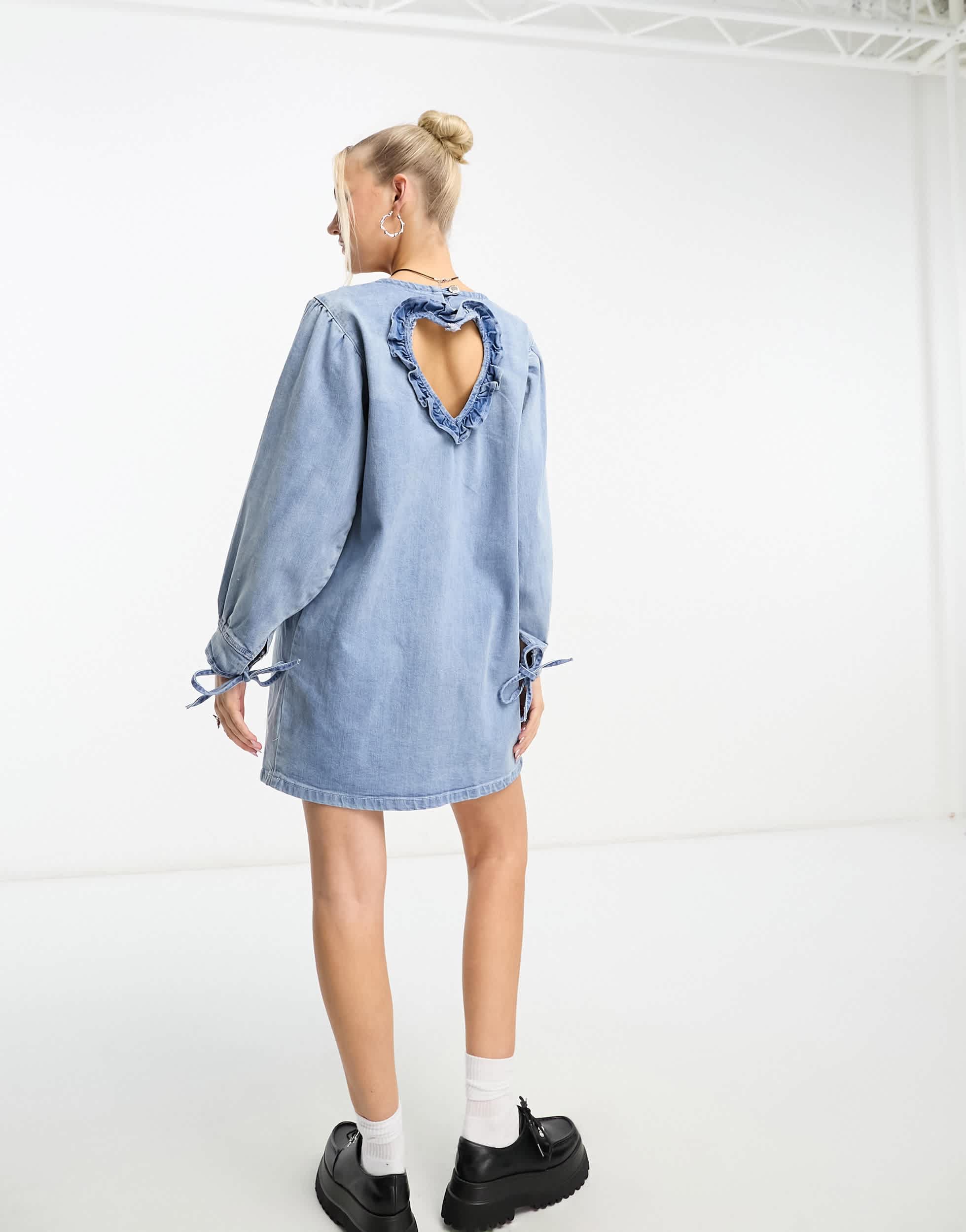 Native Youth heart cut-out detail mini smock dress in blue washed denim