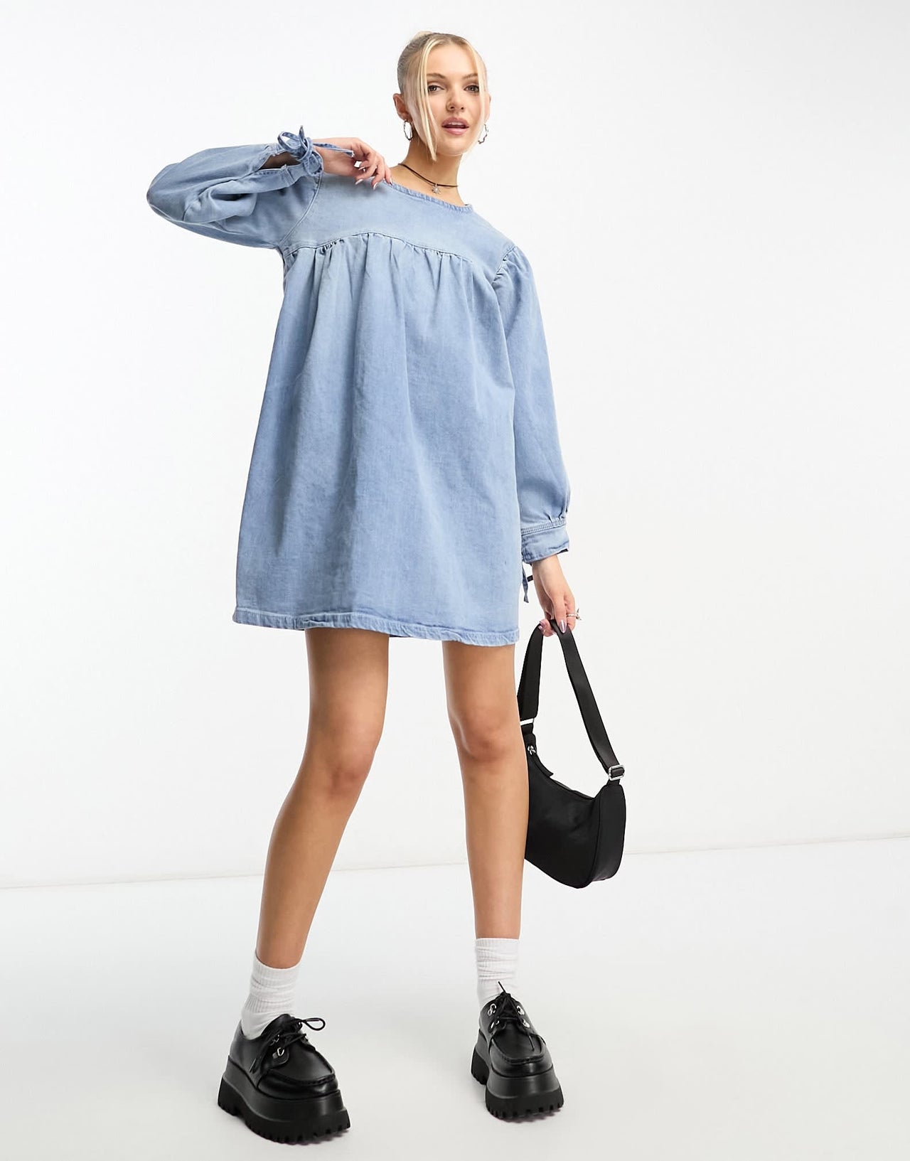 Native Youth heart cut-out detail mini smock dress in blue washed denim