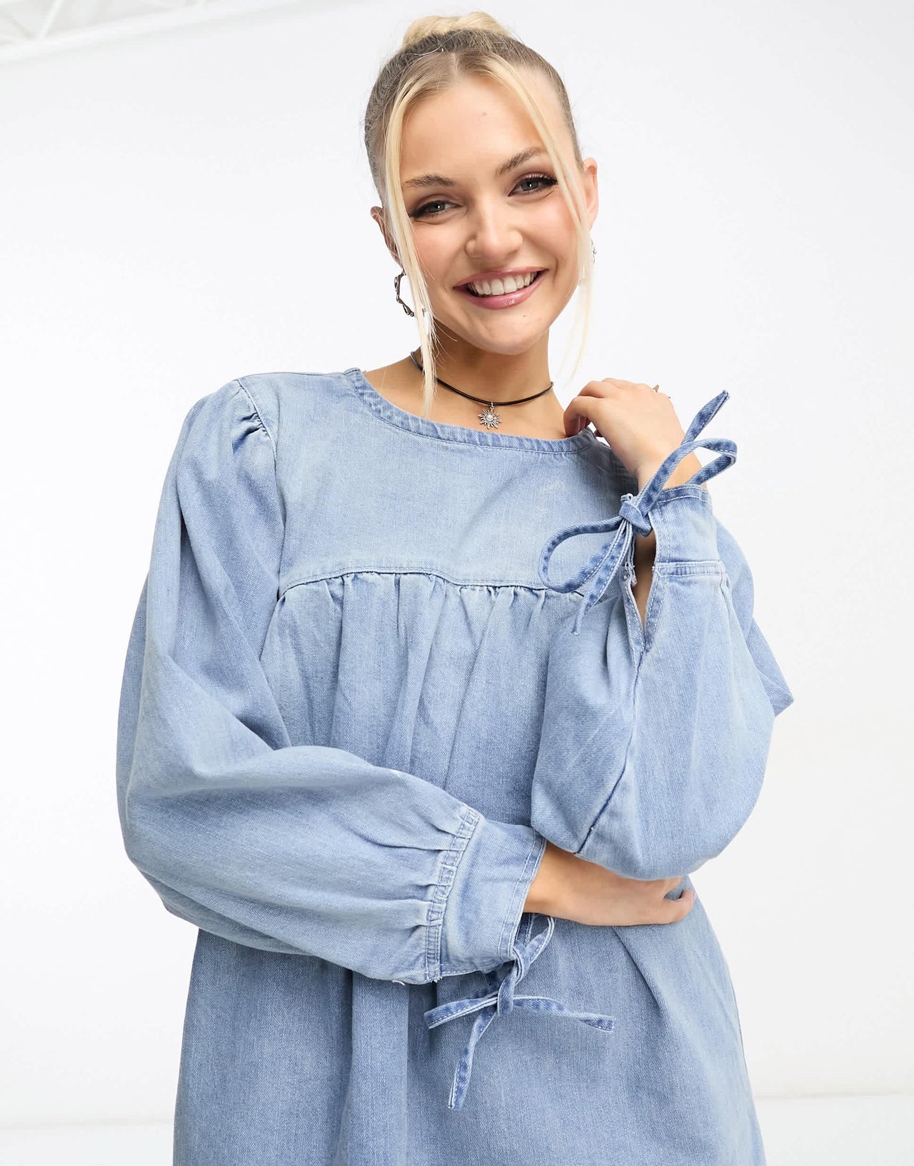 Native Youth heart cut-out detail mini smock dress in blue washed denim