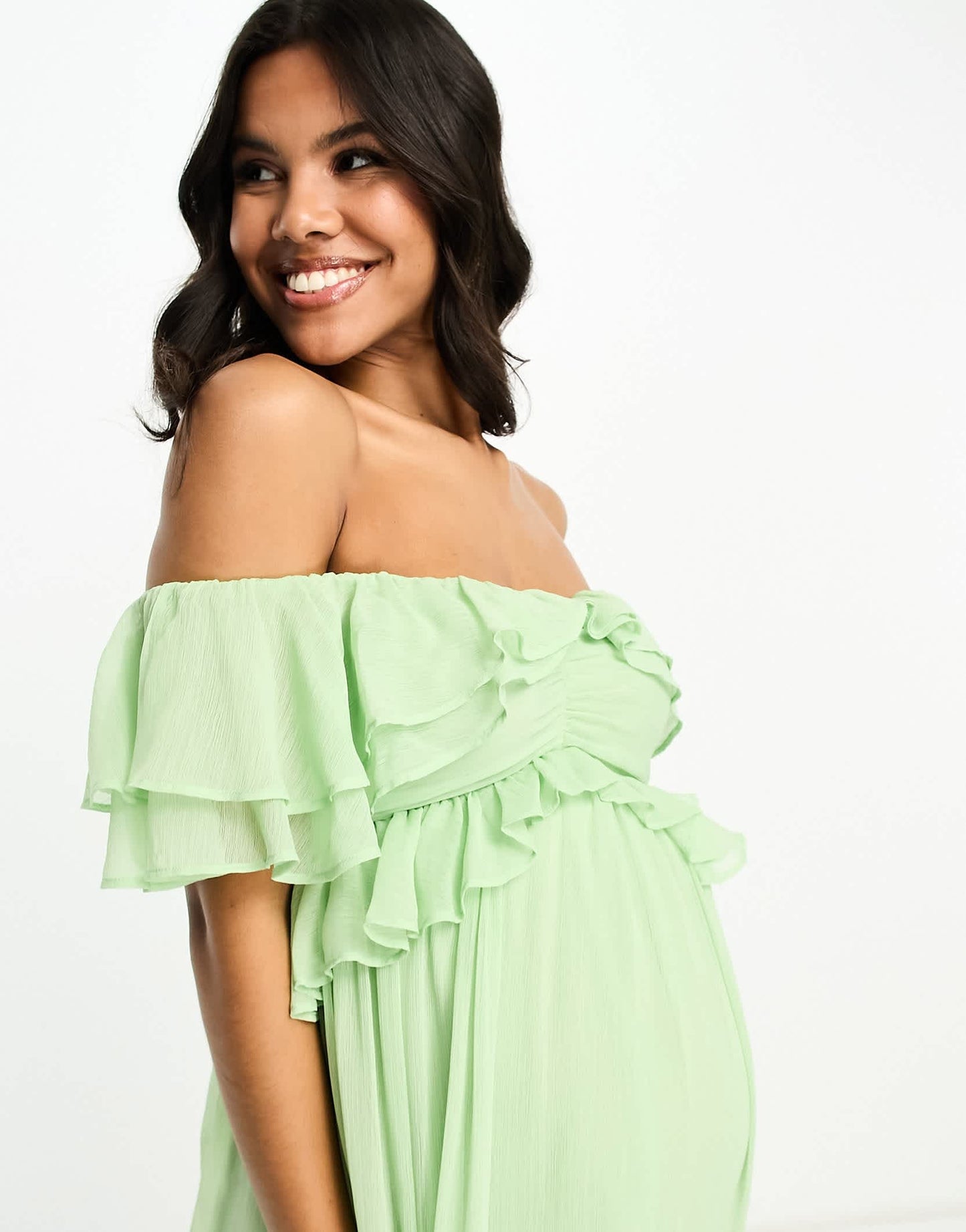 ASOS DESIGN Maternity ruffle cut out off the shoulder maxi dress with hi low hem in sage green