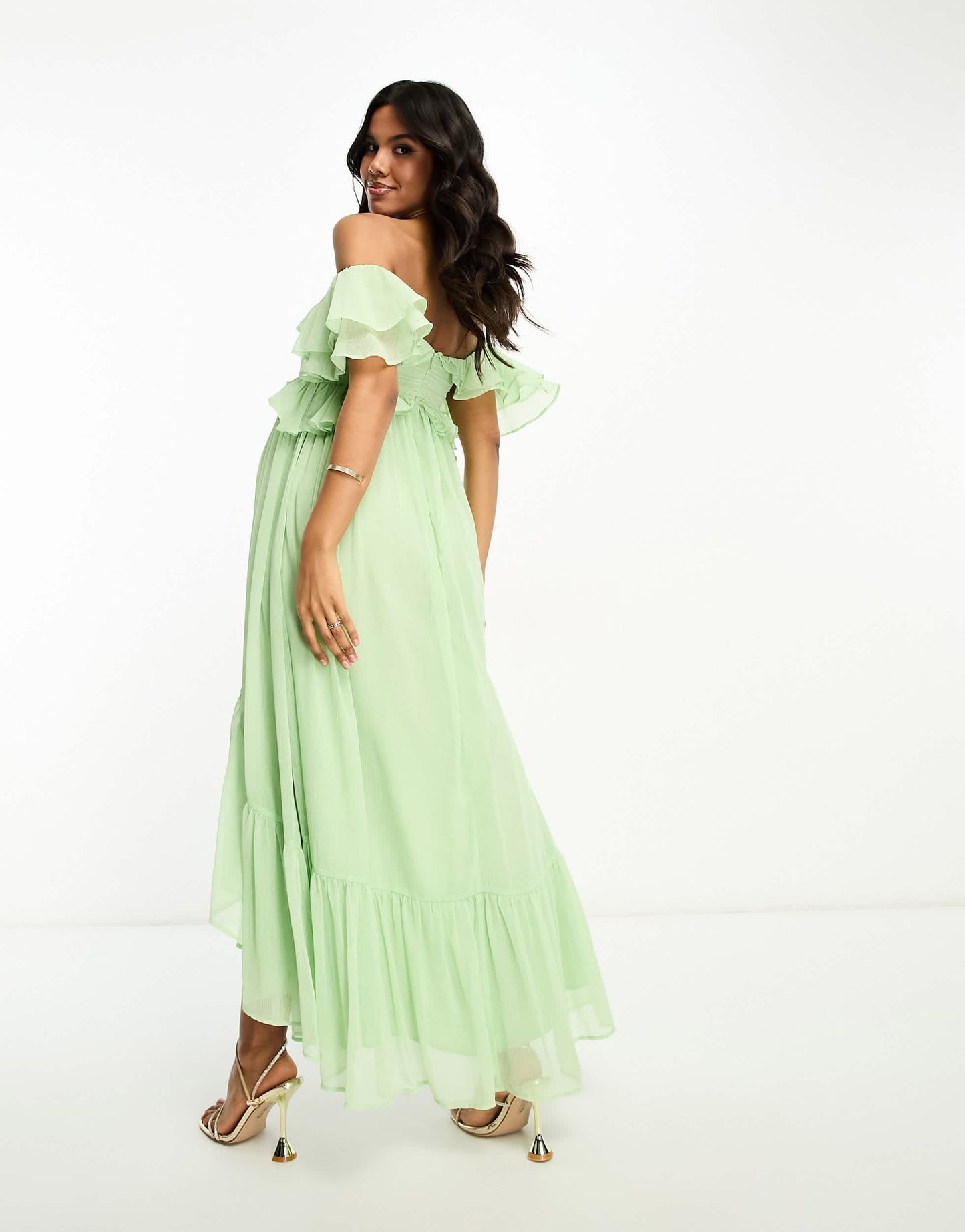 ASOS DESIGN Maternity ruffle cut out off the shoulder maxi dress with hi low hem in sage green