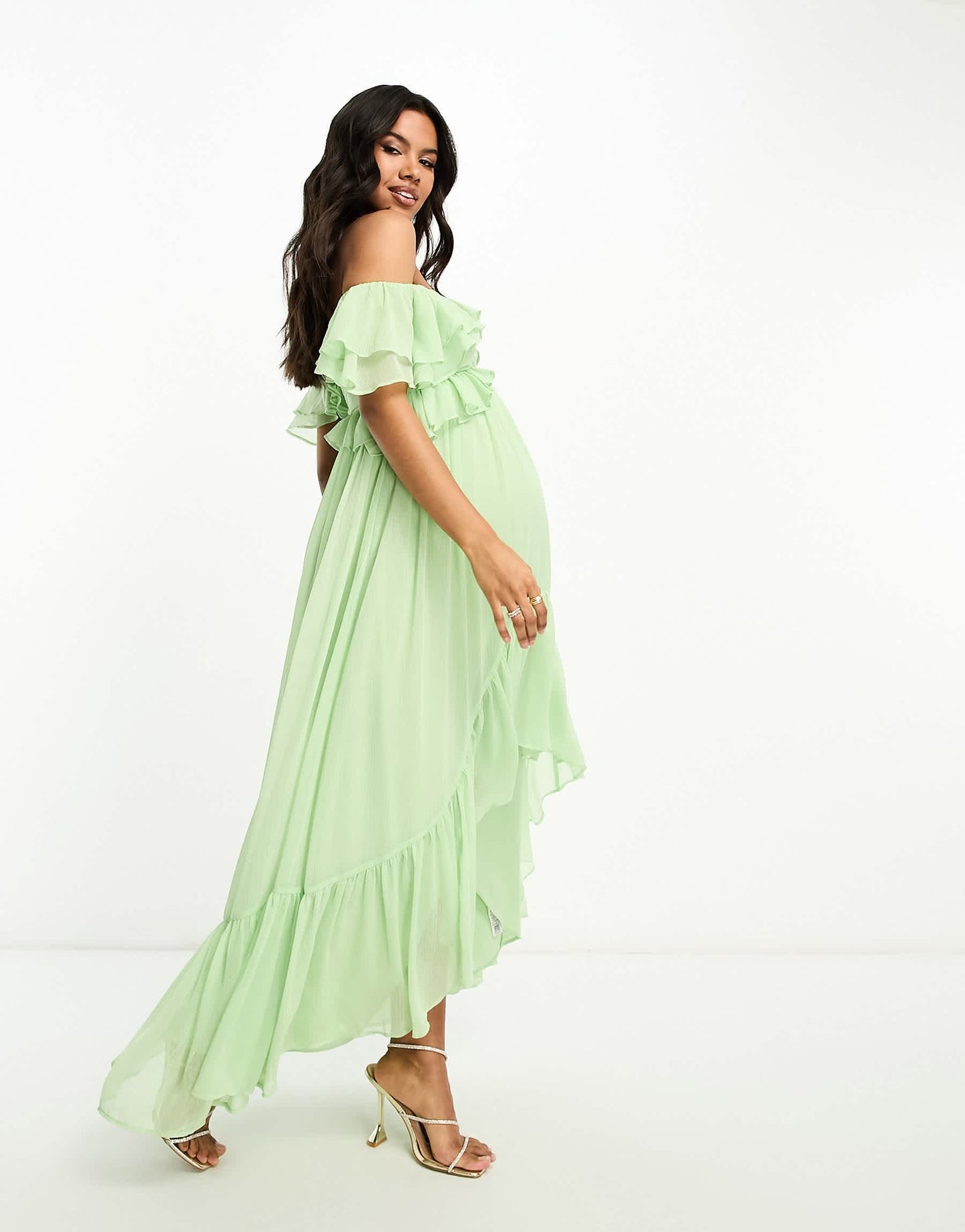 ASOS DESIGN Maternity ruffle cut out off the shoulder maxi dress with hi low hem in sage green