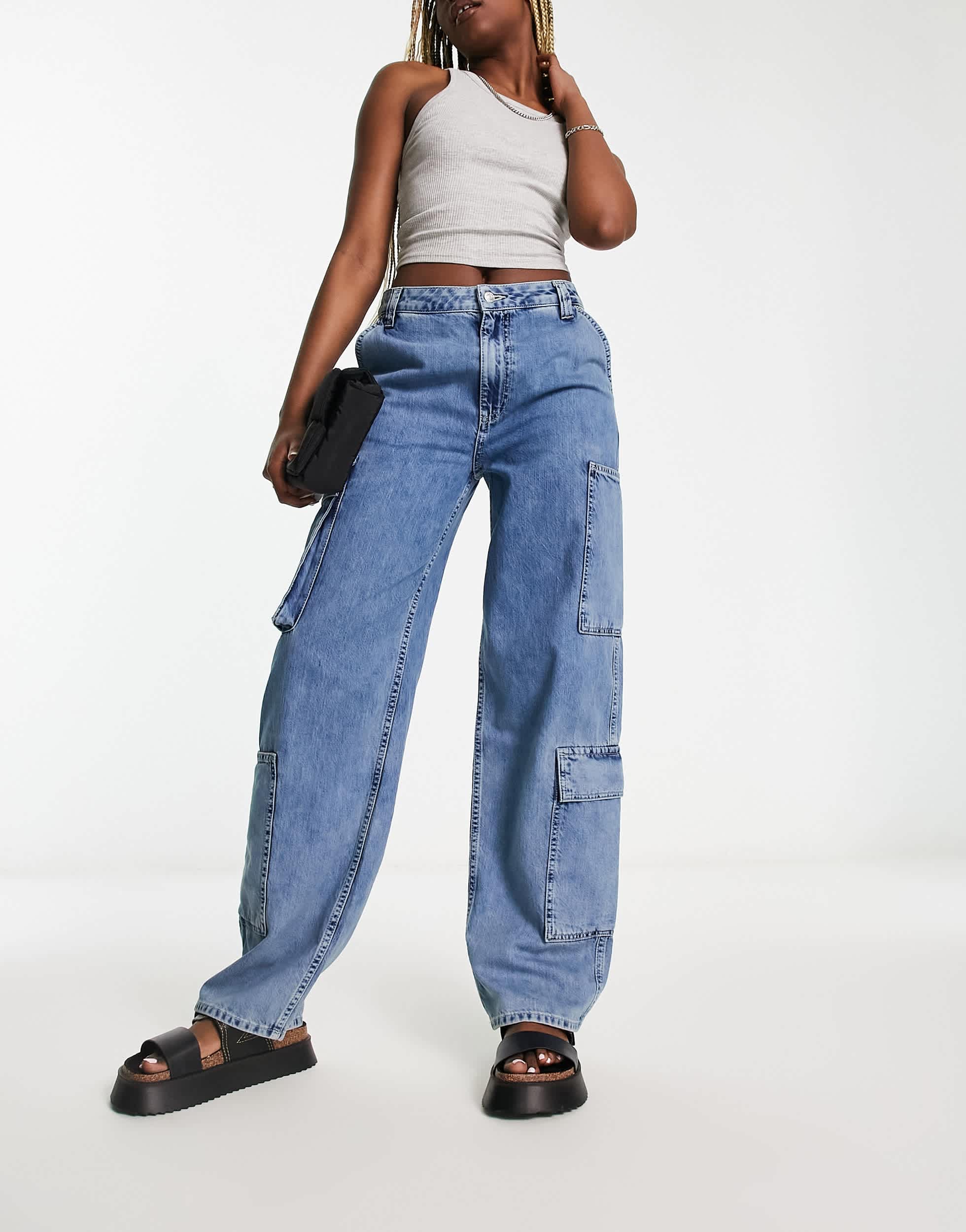 ASOS DESIGN wide leg cargo jean in vintage blue