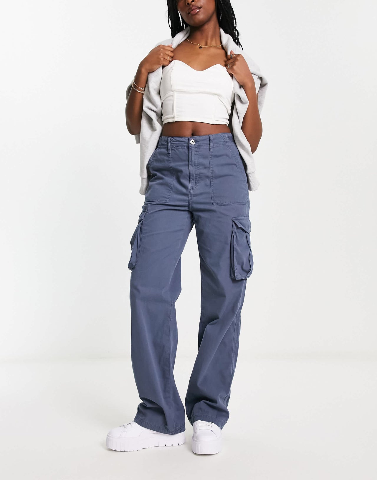 Bershka straight leg cargo trousers in graphite blue