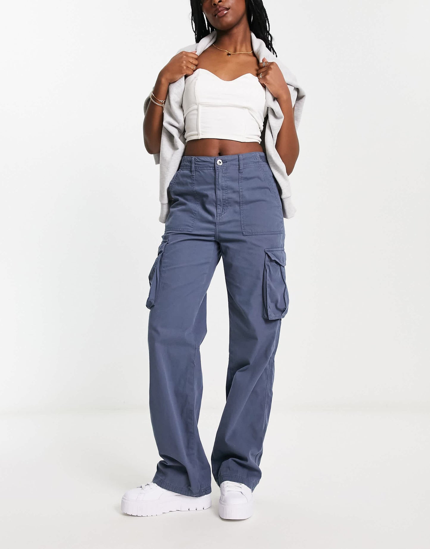 Bershka straight leg cargo trousers in graphite blue