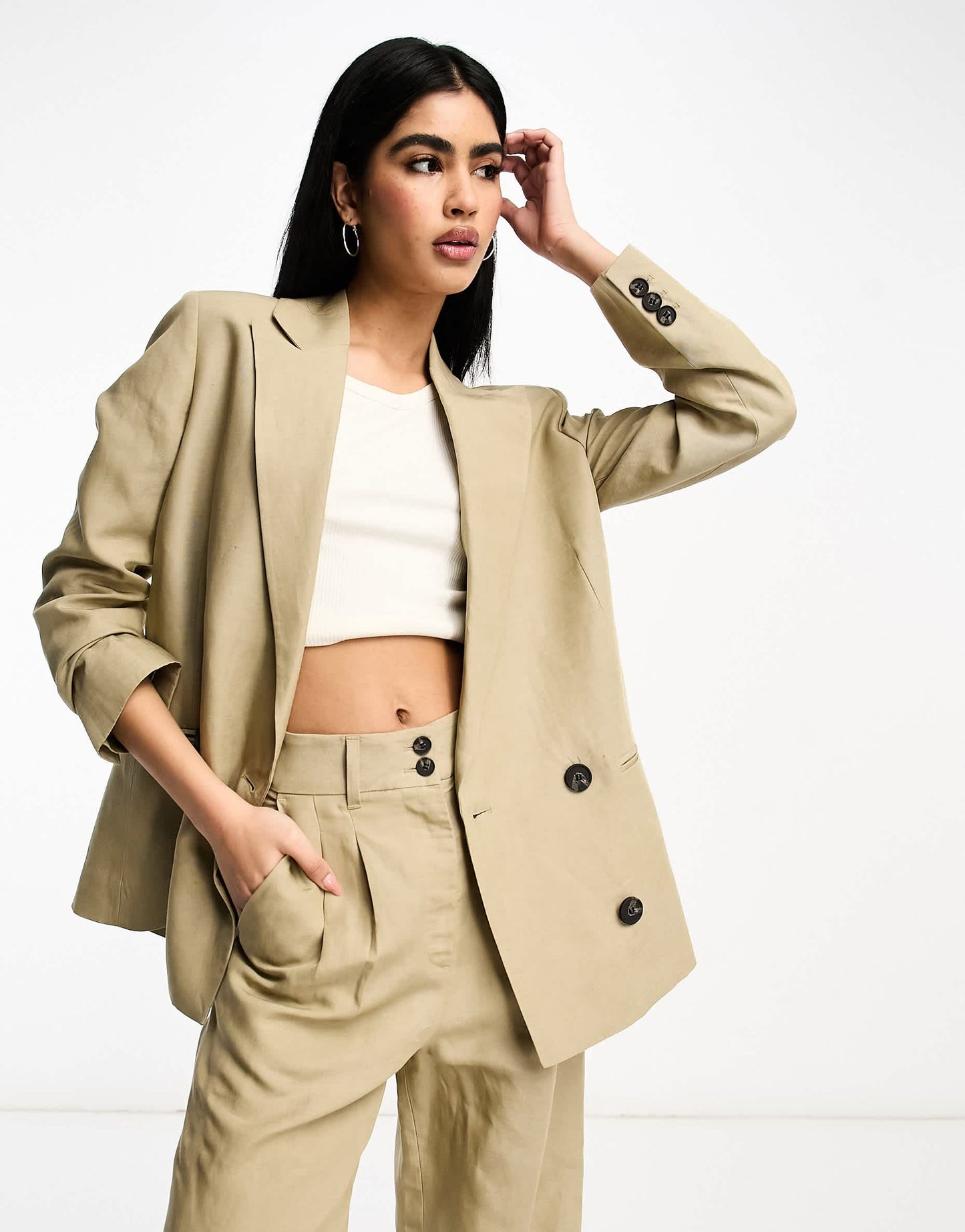 AllSaints Petra co-ord linen mix suit blazer in beige