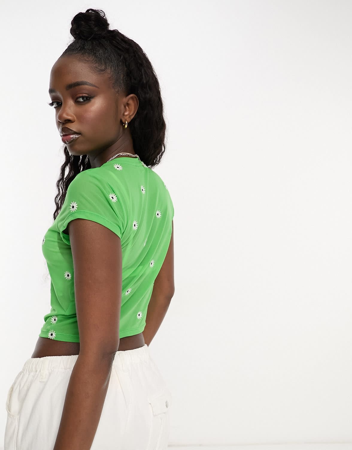 ASOS DESIGN embroidered daisy mesh baby tee in green