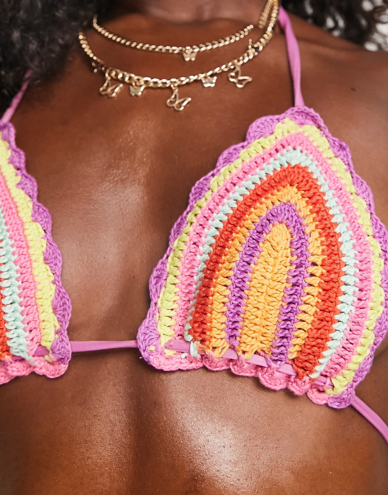 It's Now Cool Premium crochet long tie waist triangle bikini top in pink