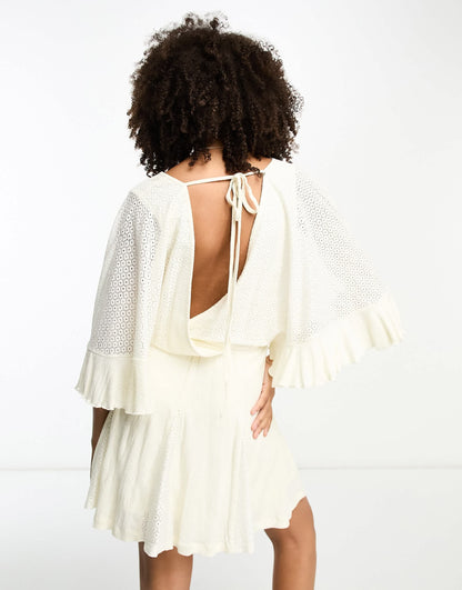ASOS DESIGN crochet short sleeve wrap mini dress with buttons in cream