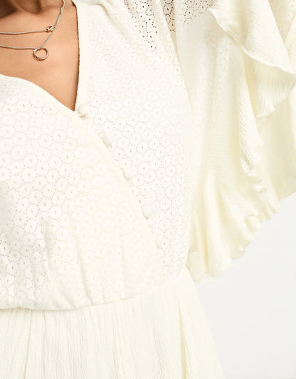 ASOS DESIGN crochet short sleeve wrap mini dress with buttons in cream
