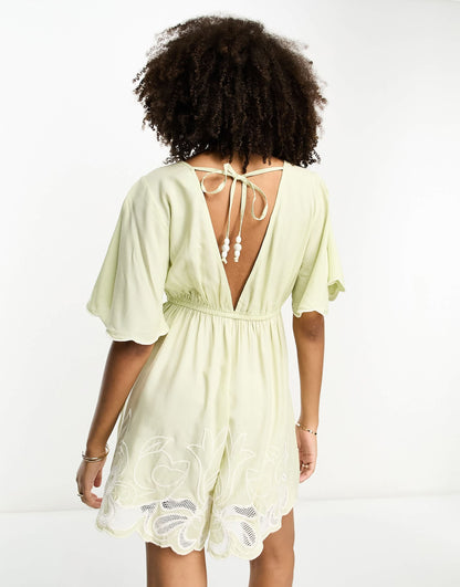 River Island embroidered cut out detail playsuit in light green