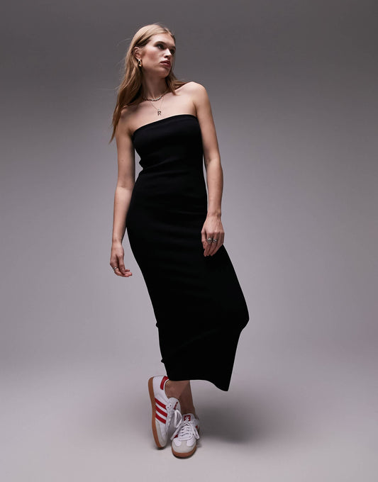 Topshop knitted turn over bandeau dress in black