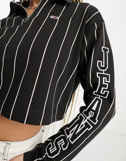 Tommy Jeans co-ord crop pinstripe 1/4 zip top in black