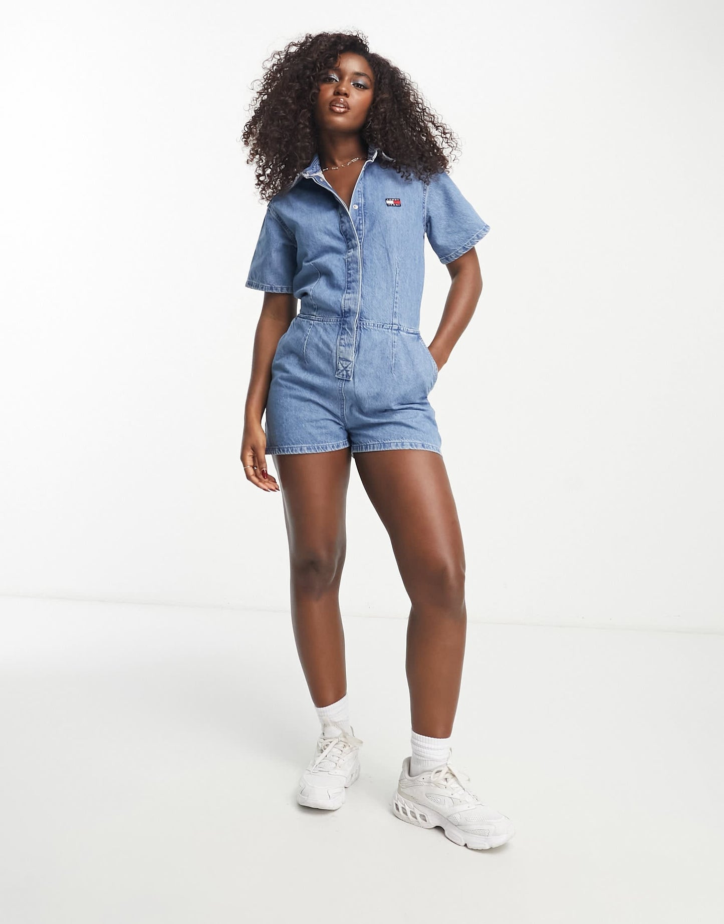 Tommy Jeans logo badge denim playsuit in mid wash