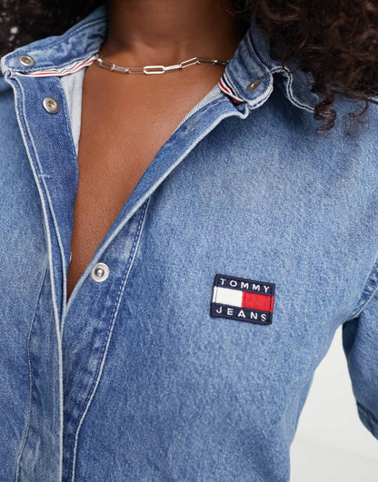 Tommy Jeans logo badge denim playsuit in mid wash
