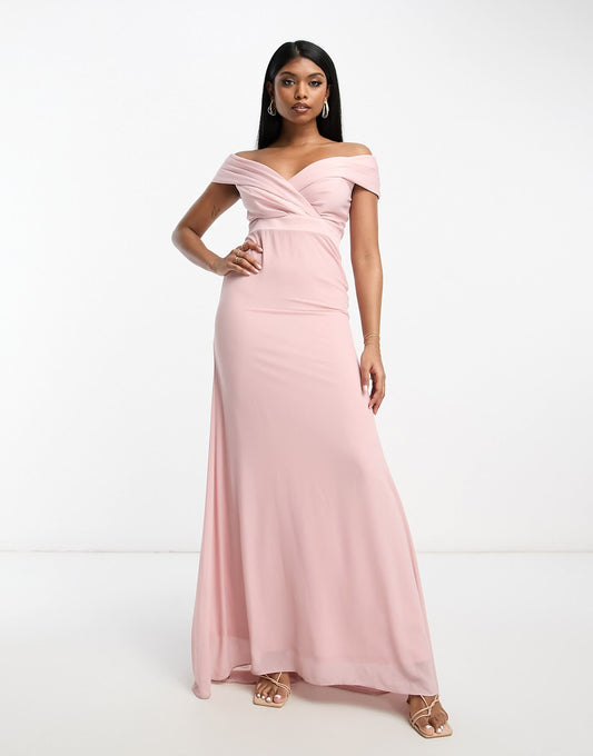 TFNC Bridesmaids bardot fitted maxi dress in mauve