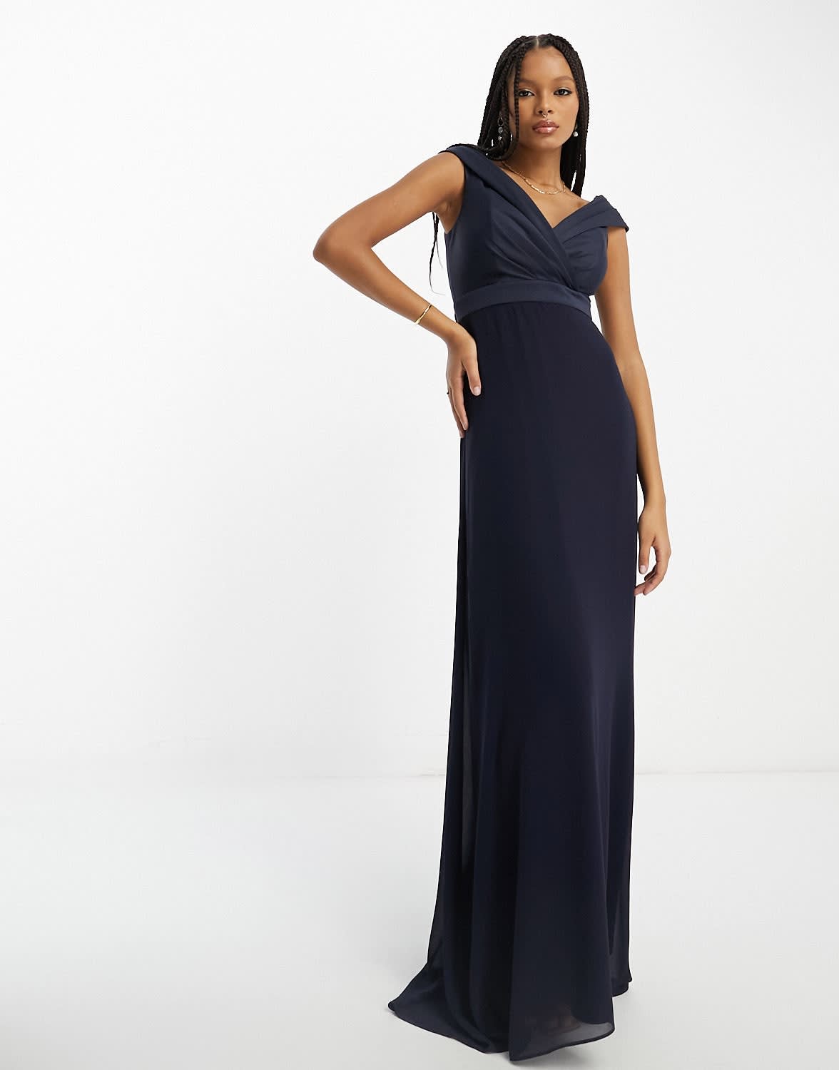 TFNC Bridesmaids bardot fitted maxi dress in navy
