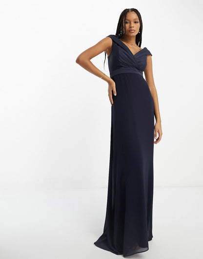 TFNC Bridesmaids bardot fitted maxi dress in navy