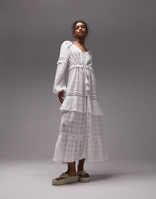 Topshop textured tie front beach maxi dress in white