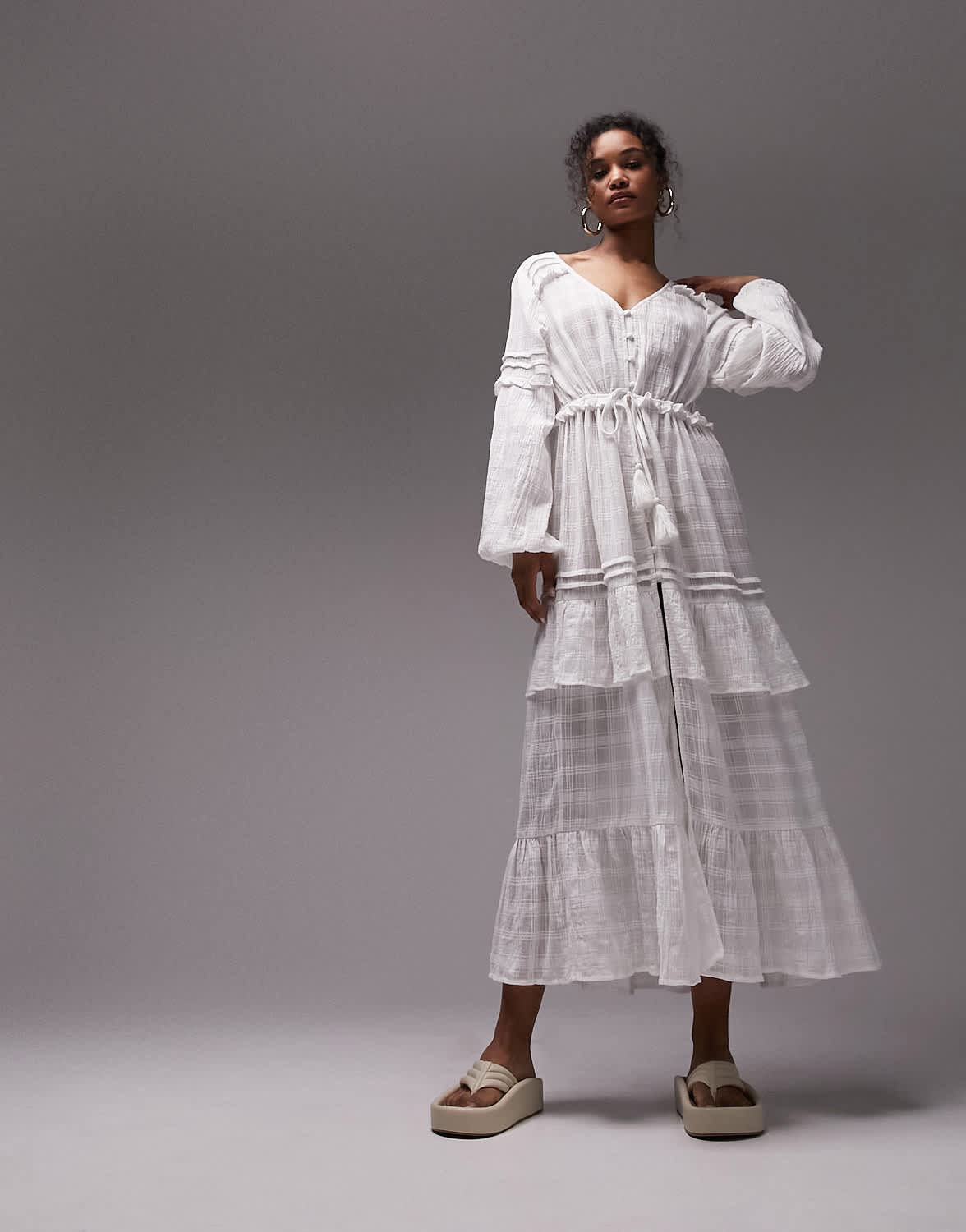 Topshop textured tie front beach maxi dress in white