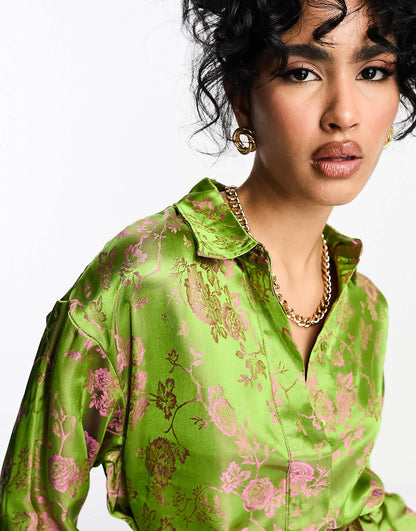 Y.A.S floral jacquard belted shirt co-ord in green and pink