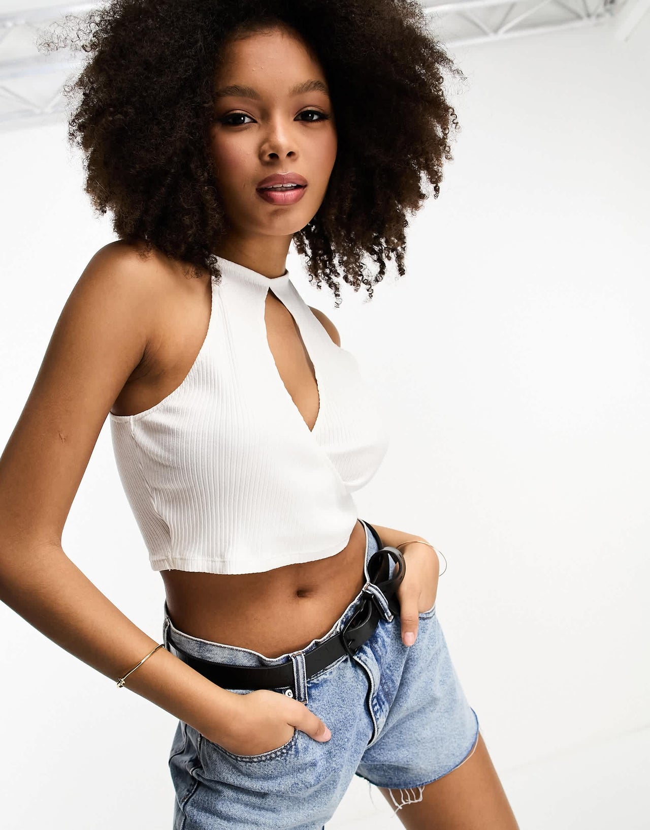 ASOS DESIGN halter crossover top in rib in white