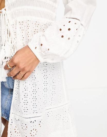 Accessorize tie front broidery long sleeve cover up beach dress in white