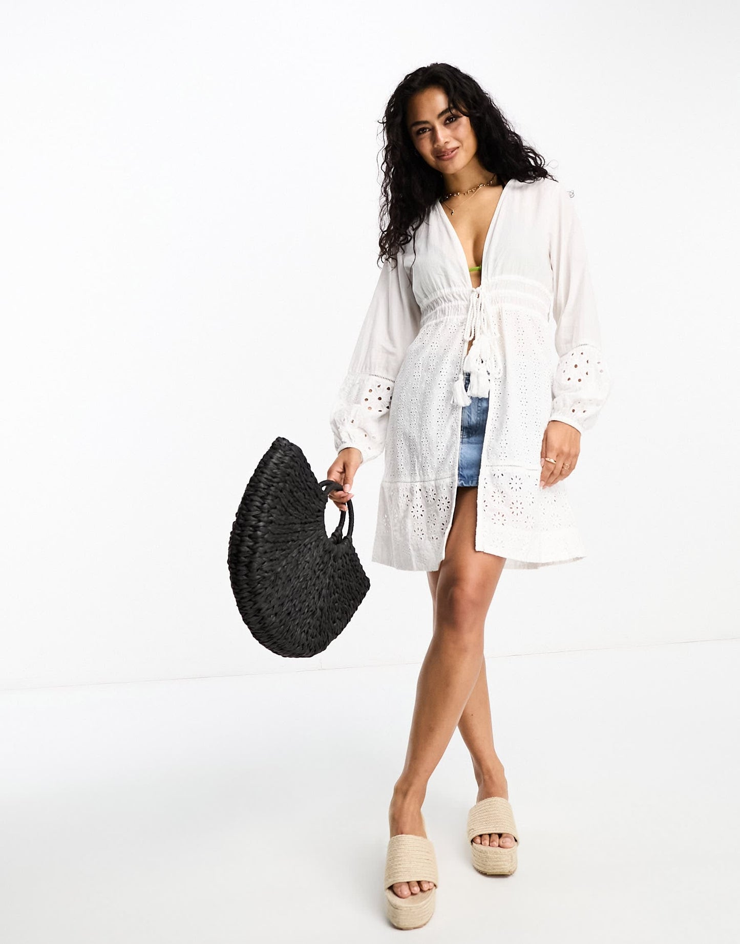 Accessorize tie front broidery long sleeve cover up beach dress in white