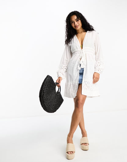 Accessorize tie front broidery long sleeve cover up beach dress in white