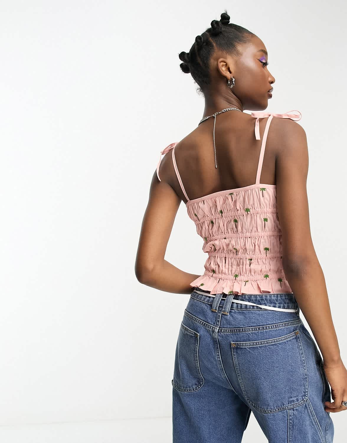 Native Youth palm tree shirred embroidered cami top in pink
