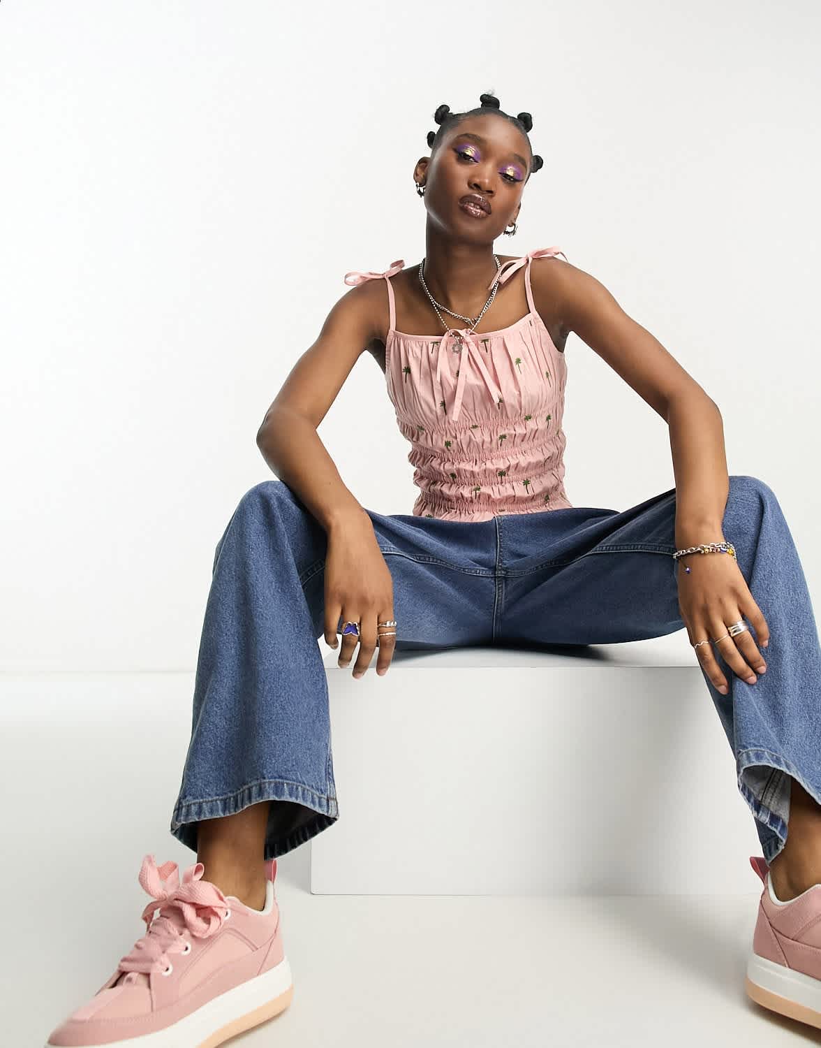 Native Youth palm tree shirred embroidered cami top in pink