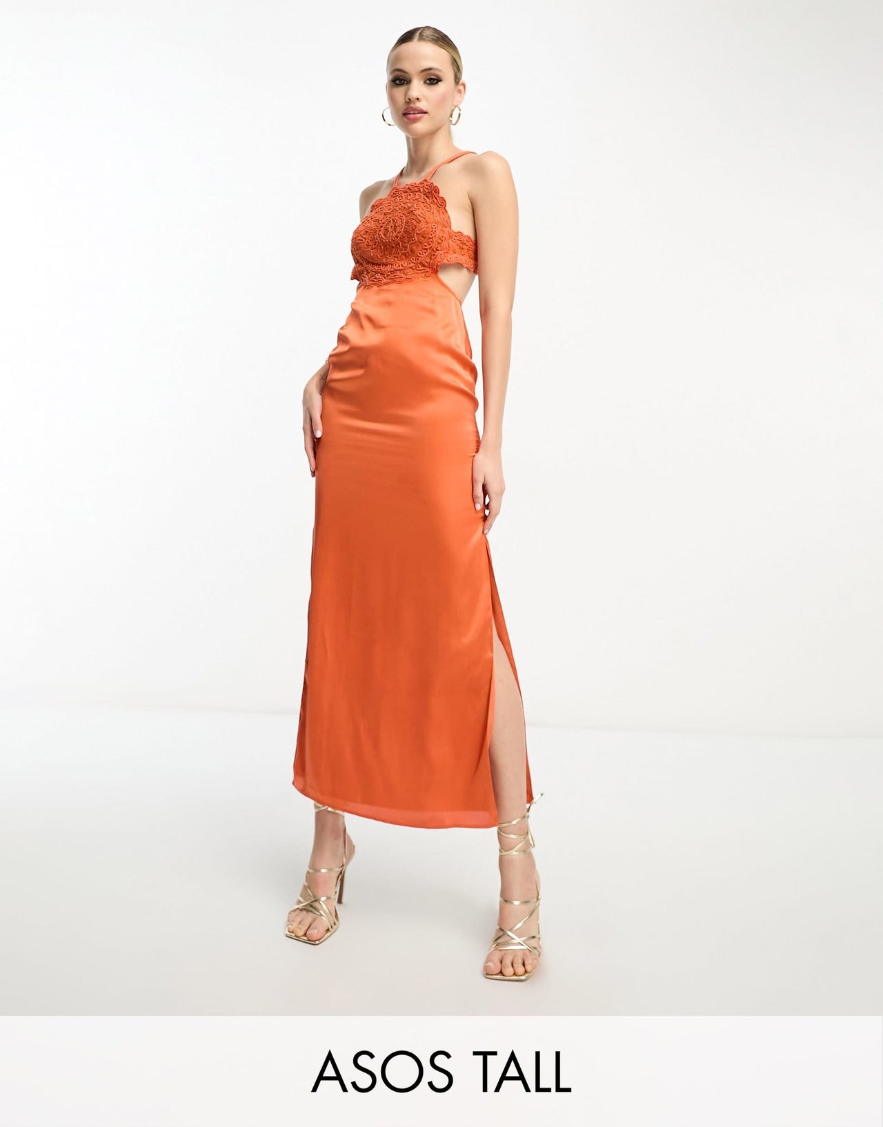 ASOS DESIGN Tall embroidered bodice satin bias midi dress with open back in rust