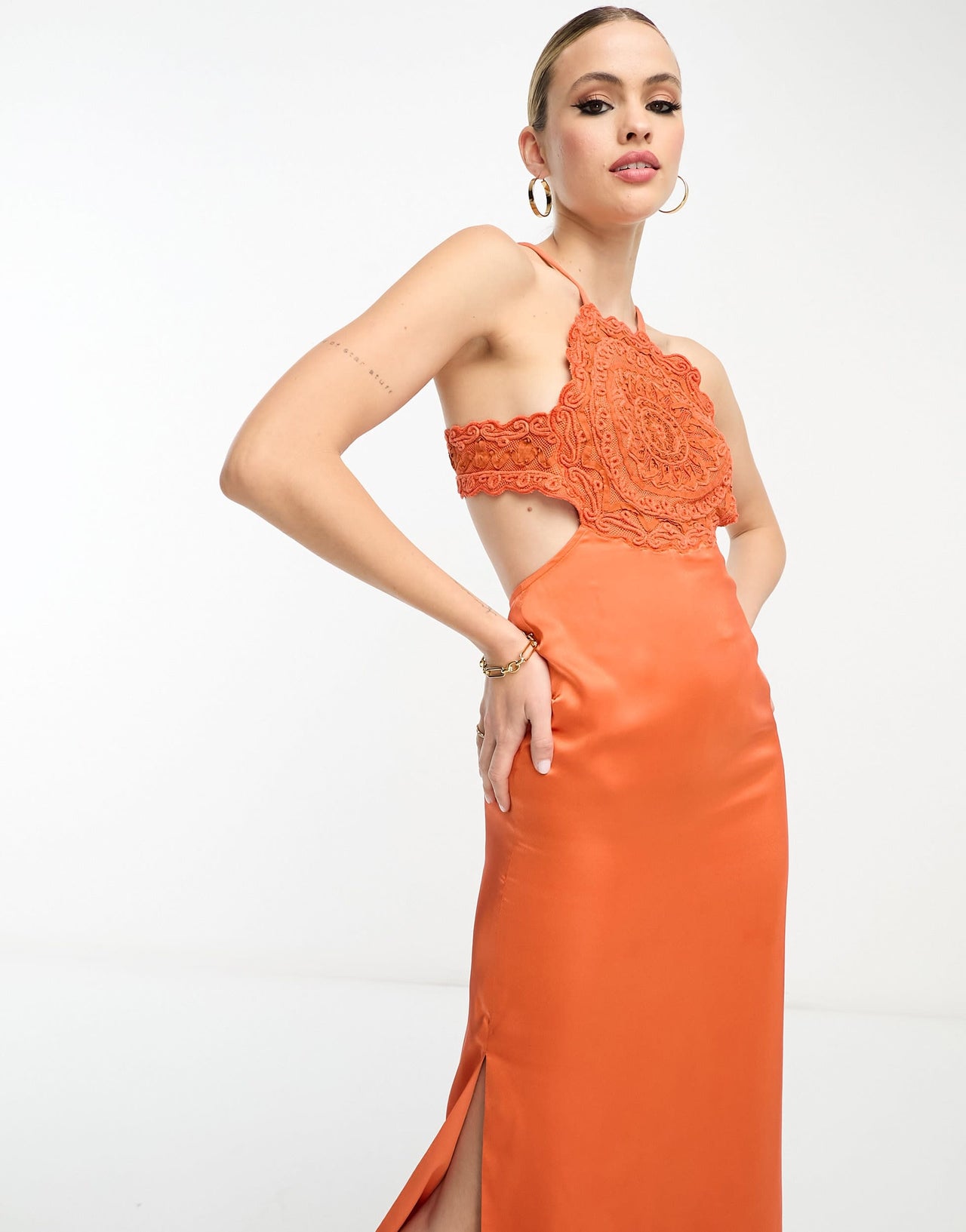 ASOS DESIGN Tall embroidered bodice satin bias midi dress with open back in rust