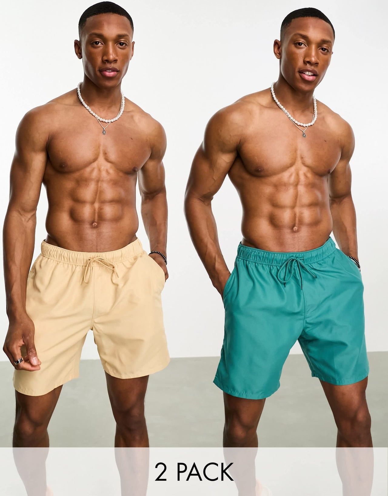 ASOS DESIGN 2 pack swim shorts in mid length in beige/teal SAVE