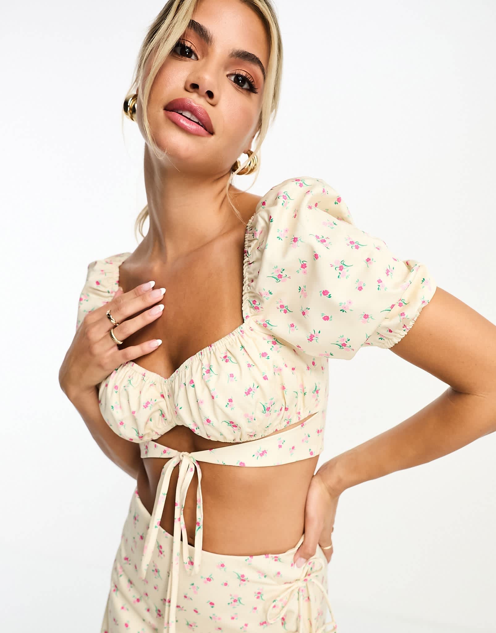 The Frolic exclusive puff sleeve milkmaid crop top with strap detail co-ord in vintage floral