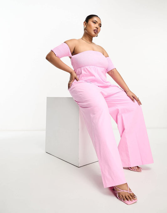 The Frolic Plus shirred off shoulder wide leg jumpsuit in pink