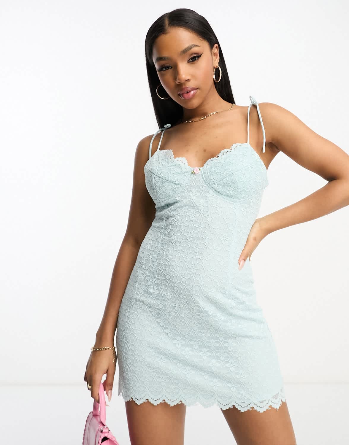 The Frolic exclusive tie shoulder cami mini dress with cup detail in sky blue lace