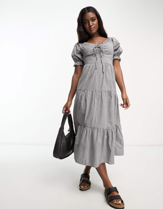 Influence milkmaid tiered midi dress in monochrome gingham