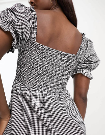 Influence milkmaid tiered midi dress in monochrome gingham