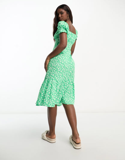 Influence corset detail midi dress in green floral print