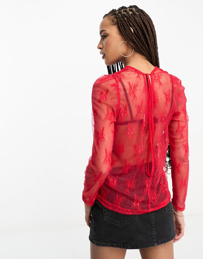 Urban Revivo mesh top with star motif in red
