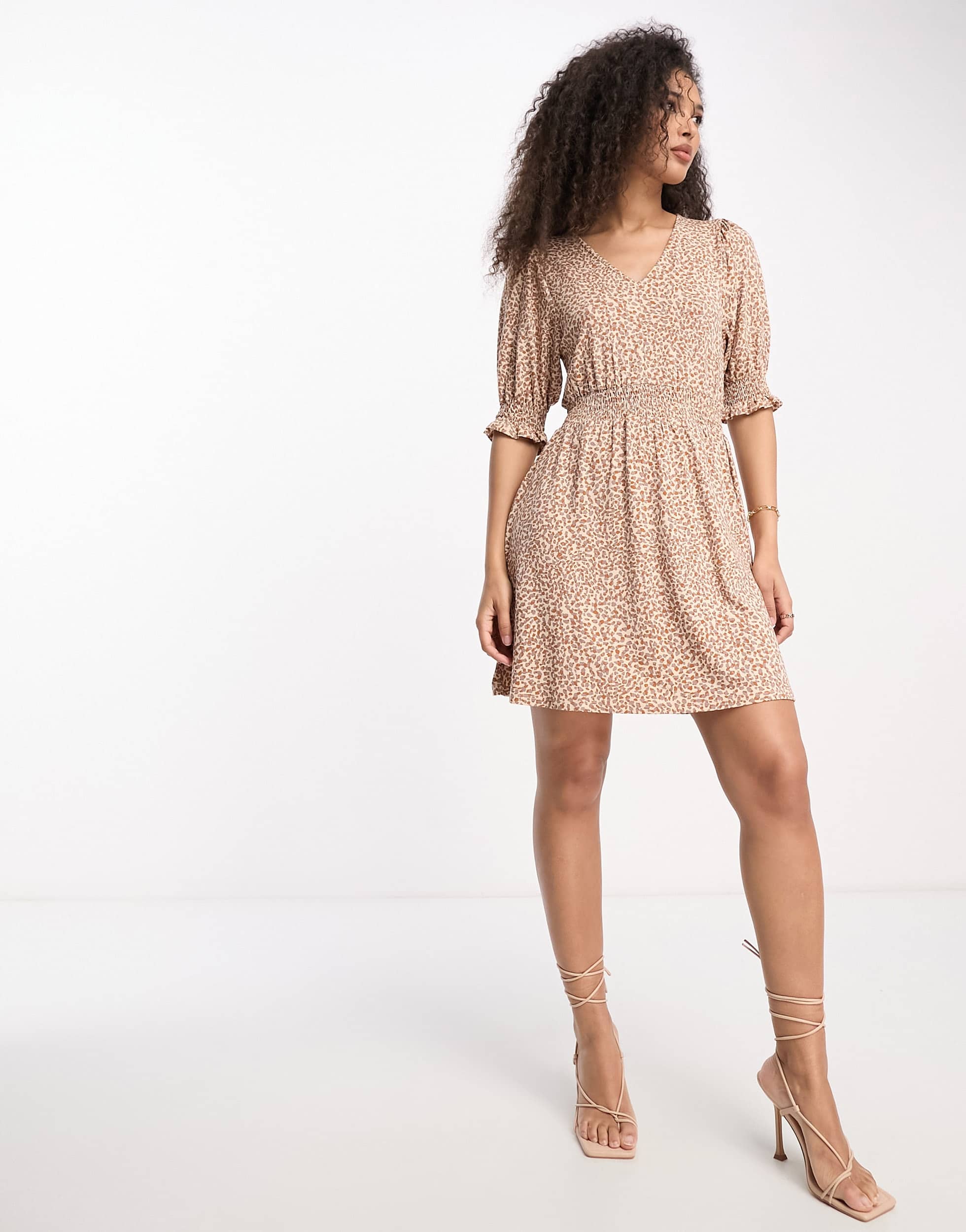 French Connection shirred waist mini dress in brown spot