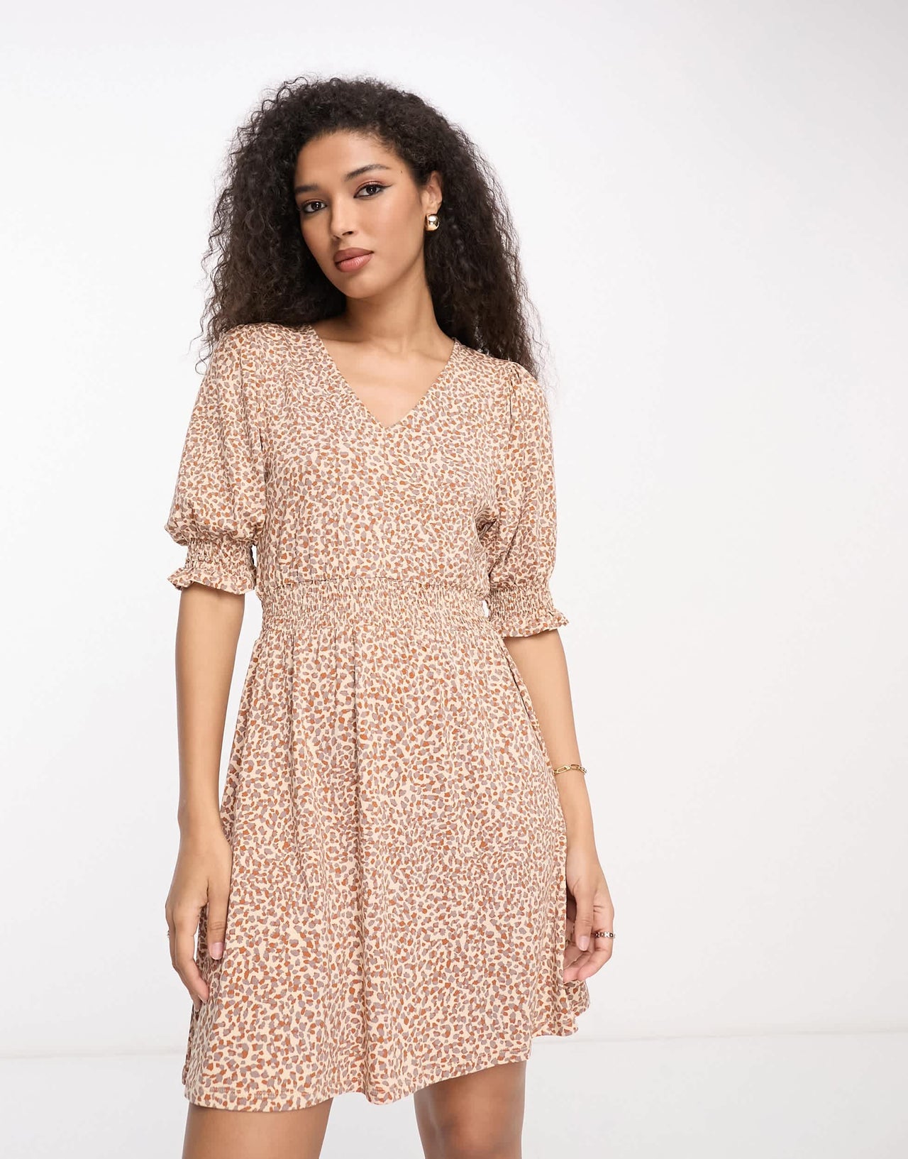 French Connection shirred waist mini dress in brown spot