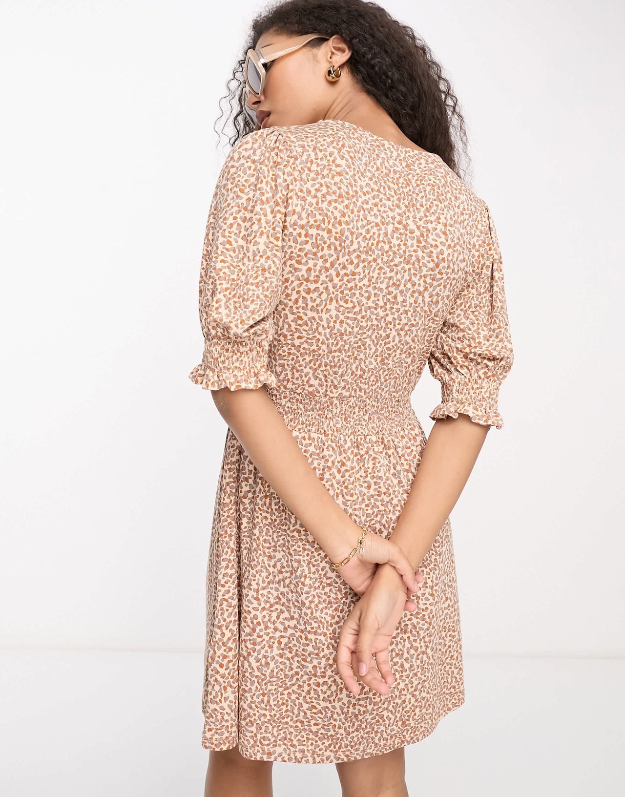 French Connection shirred waist mini dress in brown spot