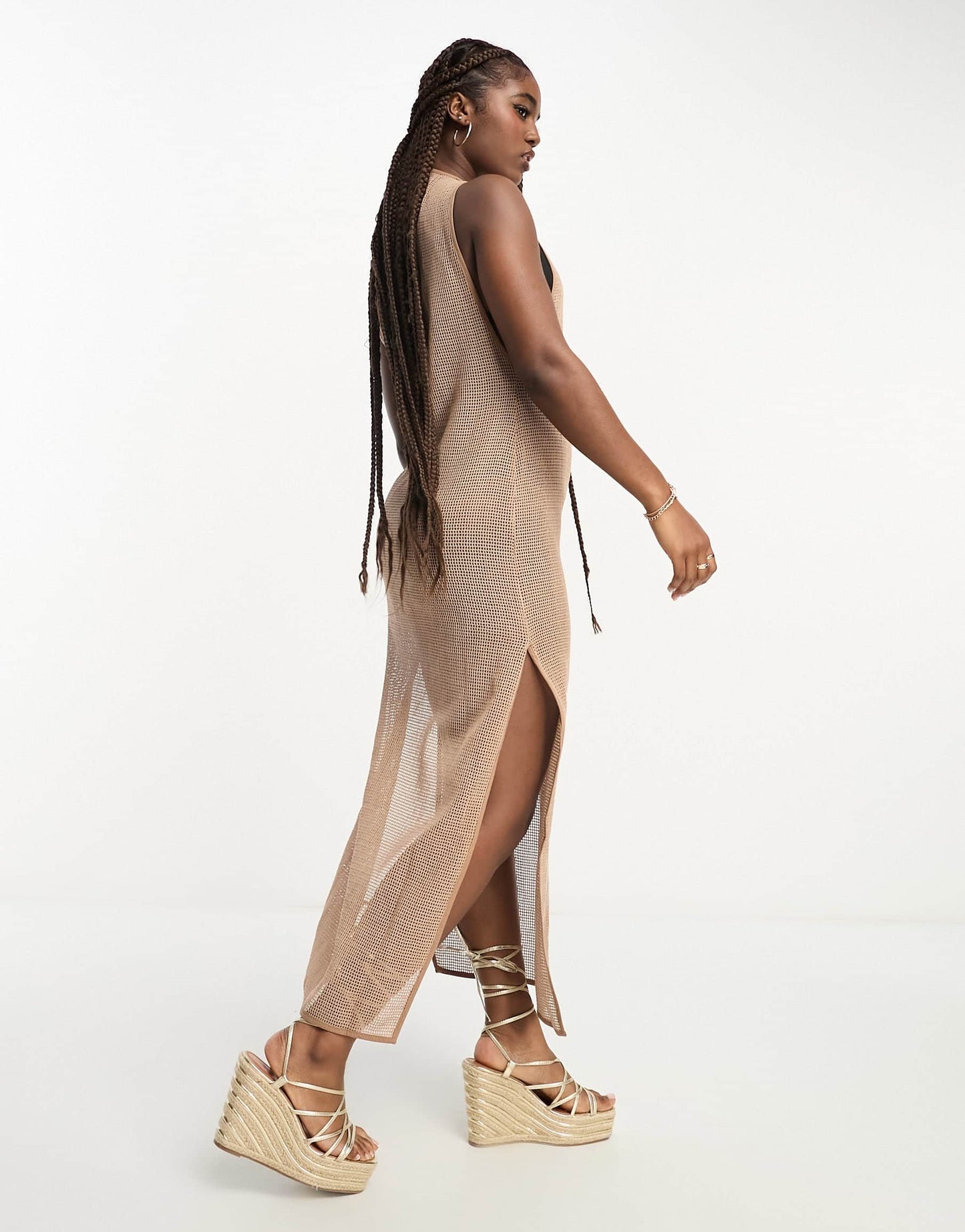 SNDYS crochet side split maxi dress in beige
