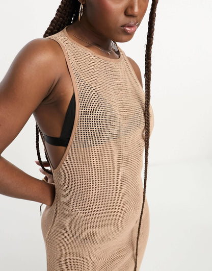 SNDYS crochet side split maxi dress in beige