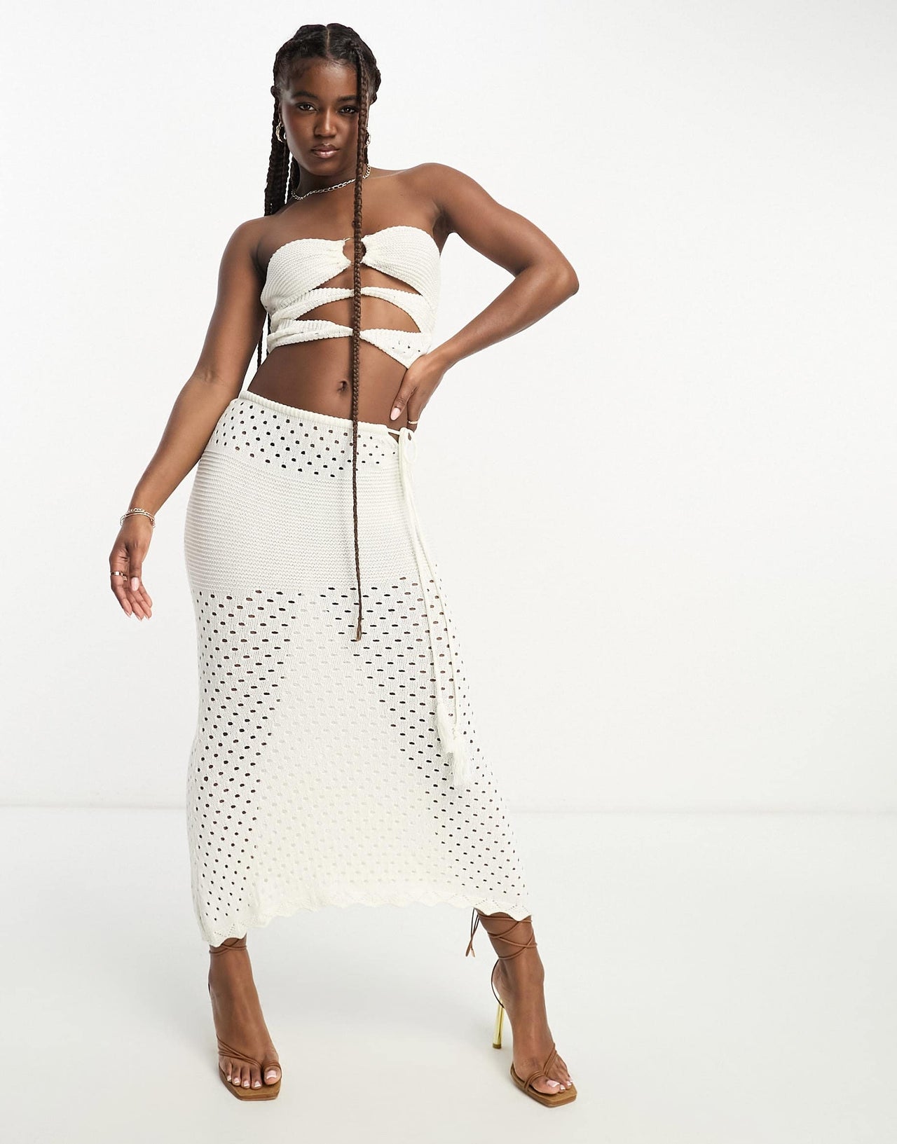 SNDYS crochet midi skirt co-ord in white